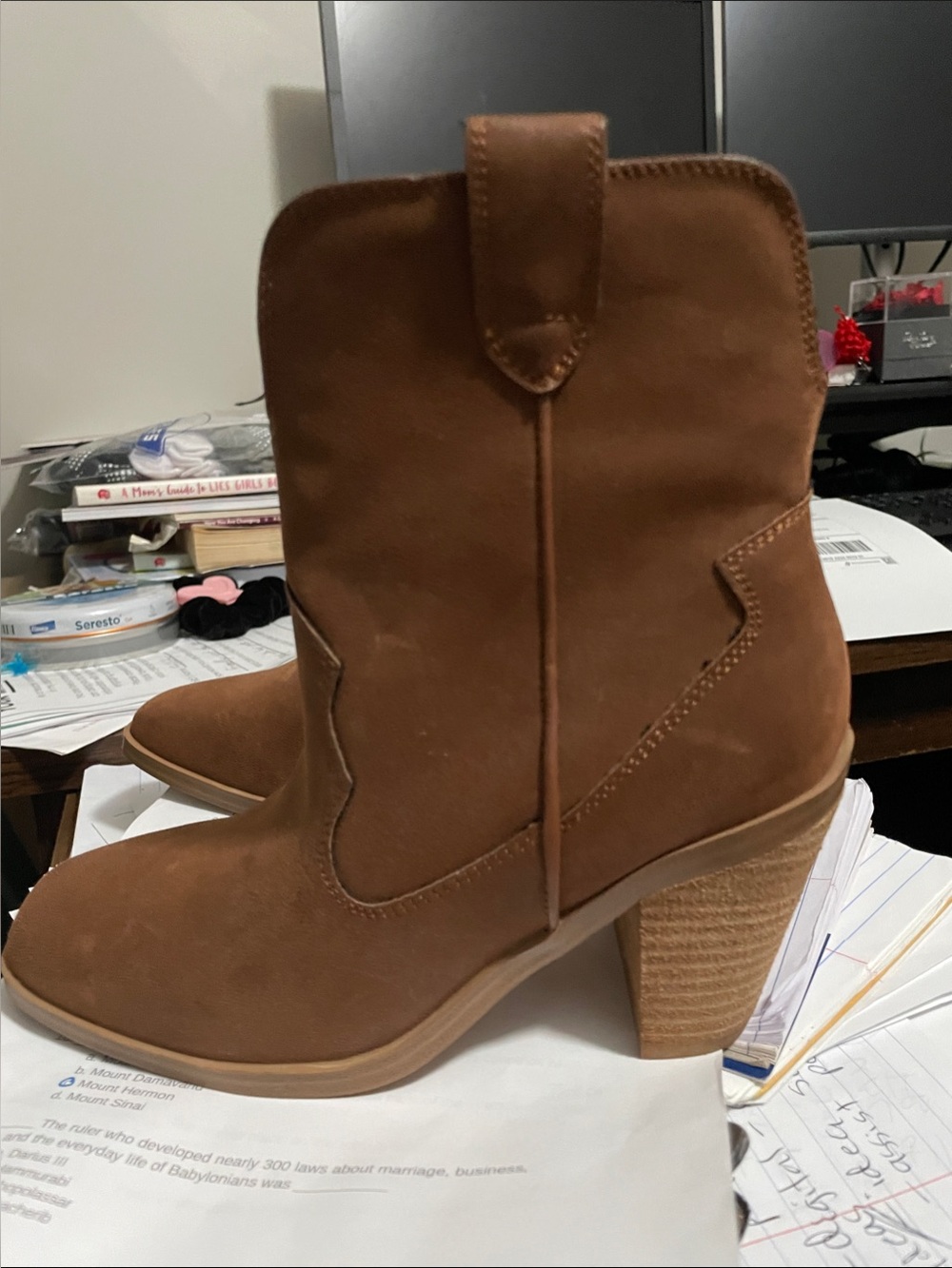 MIA Tan Suede Block Heel Western Ankle Boots